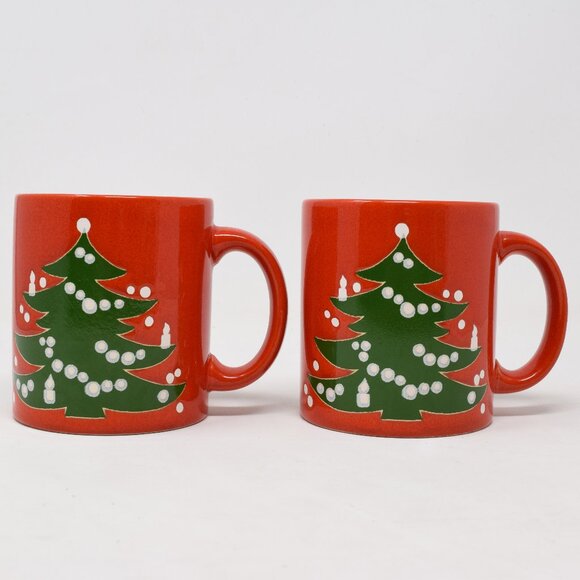 VTG Set Waechtersbach West W Germany Christmas Tree Mug Ceramic Red Green 2 Cups - Picture 3 of 14